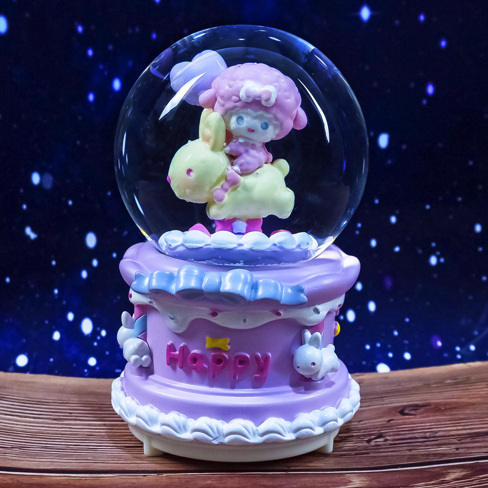 Nueva bola de cristal de mapache rosa pequeña, nieve, caja de música luminosa, luz nocturna, caja de música de regalo, artesanía de una pieza