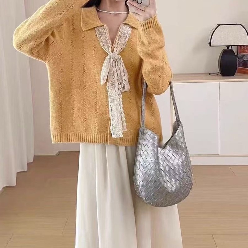 法式蕾丝系带气质毛衣女秋冬复古百搭针织衫韩版宽松上衣慵懒风|undefined