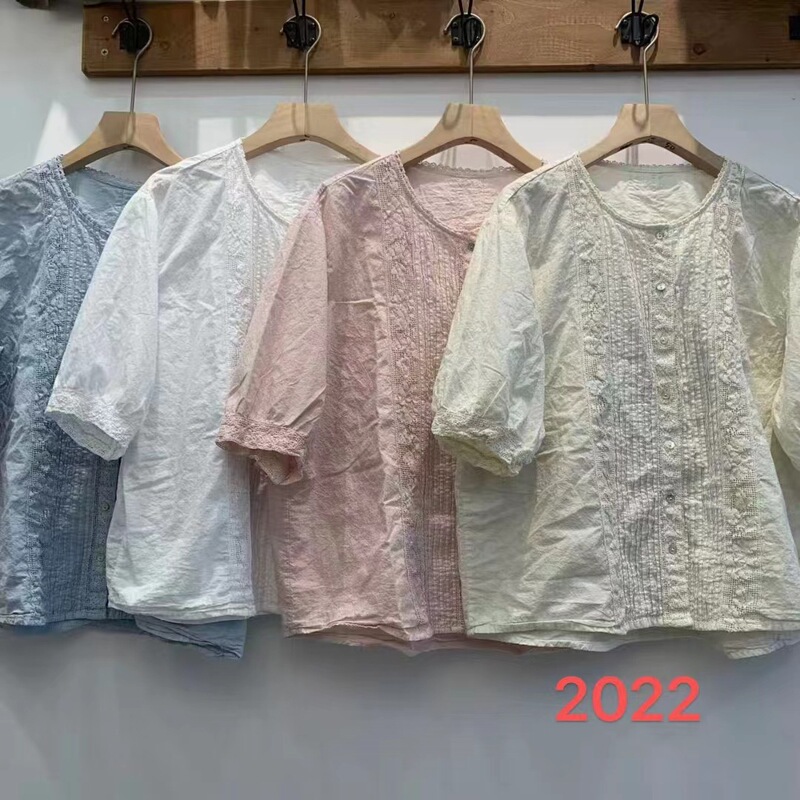 Japanese-Style Mori Cotton Shirt for Women, New Summer Model with Pleated Lace Patch, Youthful and Artistic Fresh Top