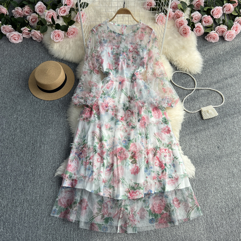 Fairy dress sweet first love super fairy French long dress mesh floral skirt summer princess dress