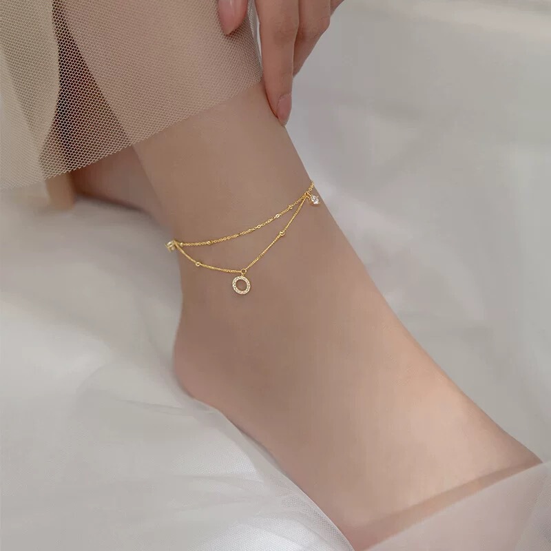 Authentic Sterling Silver S925 Flash Diamond Ring Anklet for Women Summer Double Layer Simple Elegant Diamond-Encrusted Korean Style Ankle Chain Foot Accessories