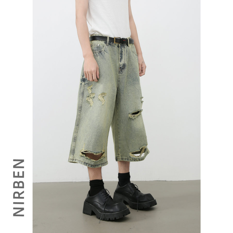 Quần short jean nam ống rộng ống thẳng dáng lửng rách nhẹ — Màu xanh lam