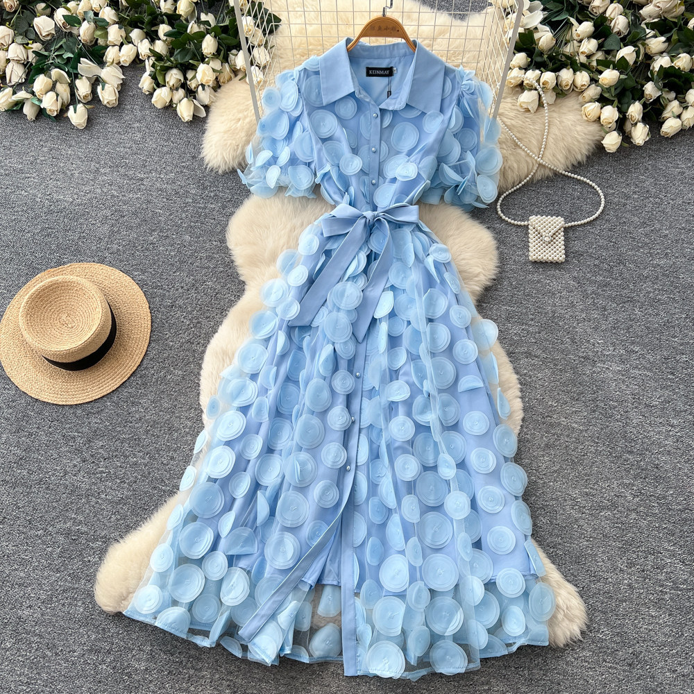Elegant French Style Lace Dress for Women Summer Short Sleeve A-Line Skirt Tie Waist Sophisticated Lapel_ecoleips.com