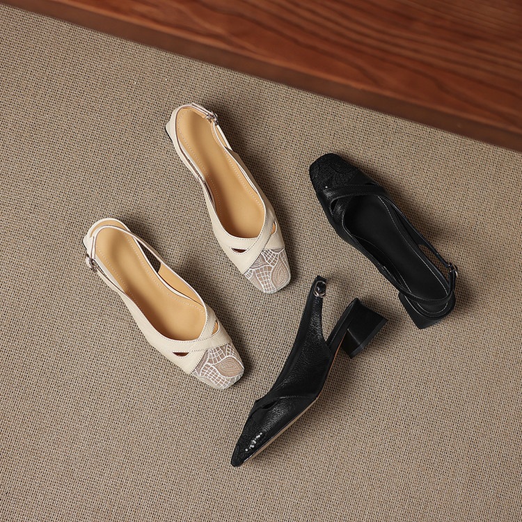 Sandal cao gót nữ hở mũi da cừu lưới phối màu quai ngang khóa — màu đen, màu trắng ngà chi tiết 59