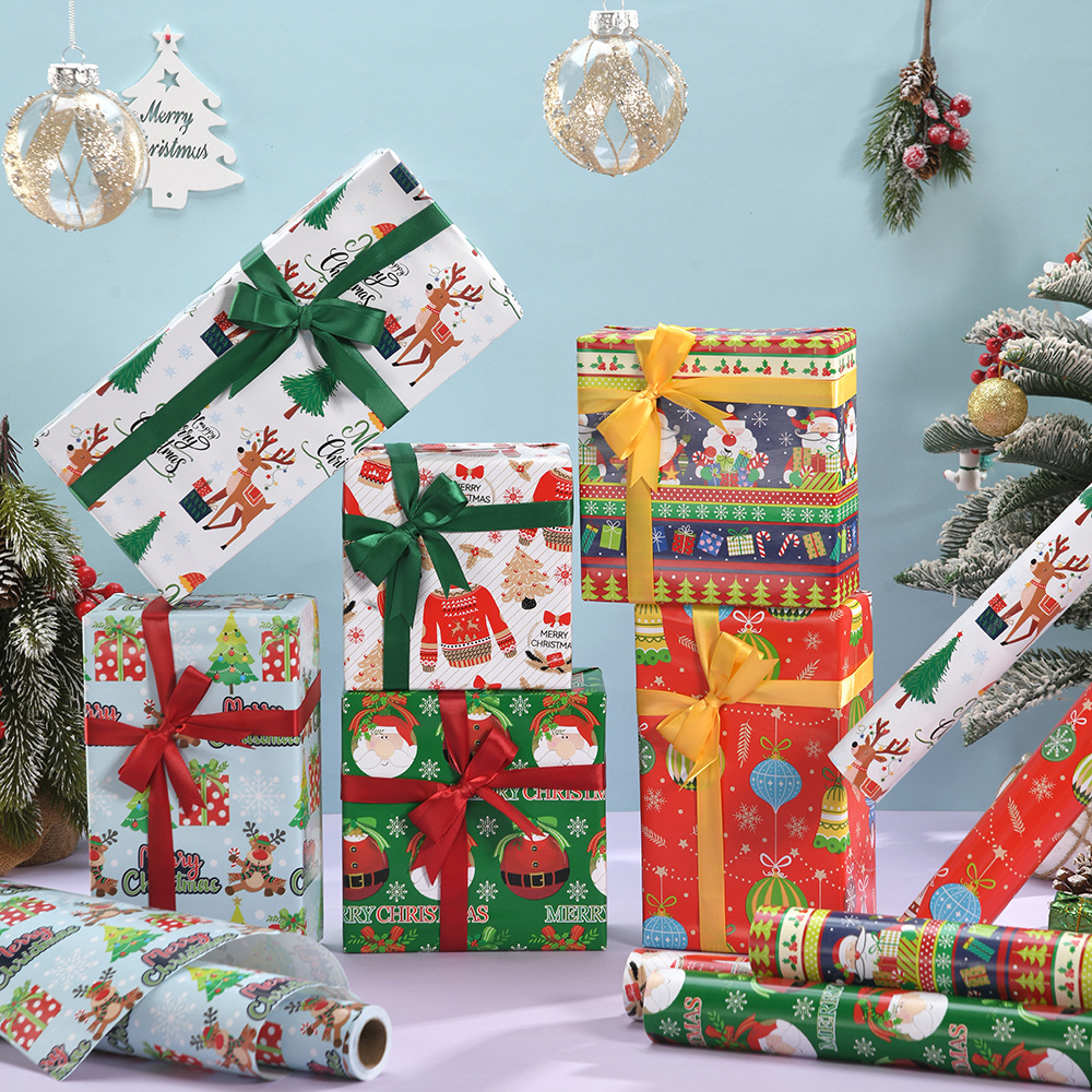 Venta caliente transfronteriza papel estucado de gran tamaño rollo de Navidad papel de regalo caja de regalo de dibujos animados papel de regalo al por mayor