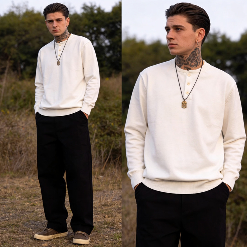 Okonkwo Pure Color Pullover Long-Sleeved Knitwear Henry Collar Long-Sleeved T-Shirt Knitwear Henry Shirt Tee