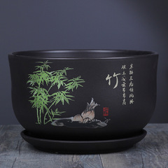 植木鉢陶磁器大サイズトレー付き紫砂釉薬多肉ベランダ室内緑植蘭吊蘭粗淘盆