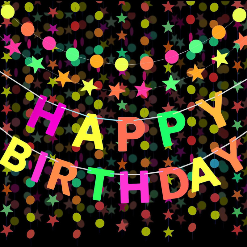 Fluorescent birthday pull flag 4m fluorescent party triangle flag round Star pull flower ribbon decoration black light background layout Fluorescent birthday pull flag 4m fluorescent party triangle flag round Star pull flower ribbon decoration black light background layout