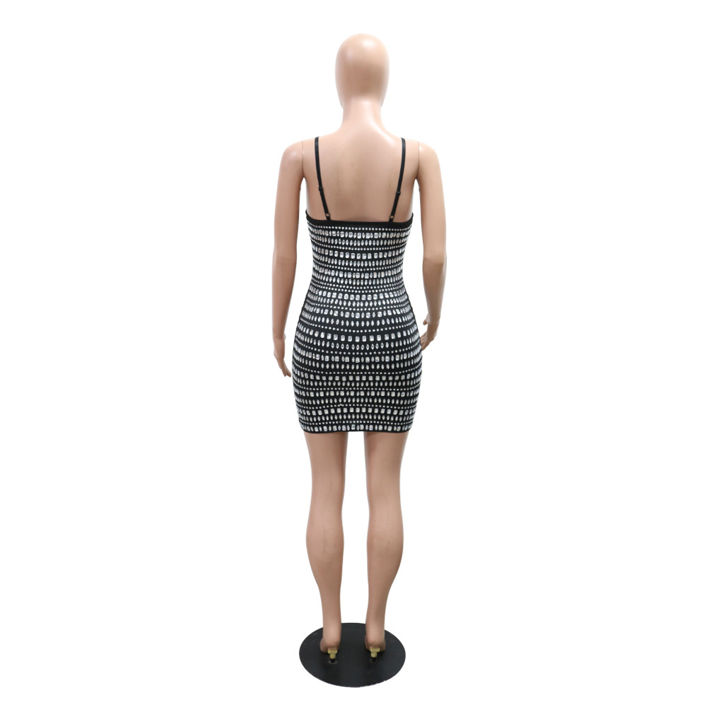Women Clothing Sexy Sling Hip Backless Rhinestone Short Dress
