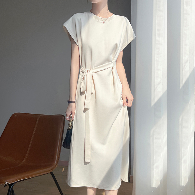 2025 New Summer Style Silky Satin Round Neck Short-Sleeved Dress for Women Loose High-Waisted Lace-Up Slit Long Skirt 2025 New Summer Style Silky Satin Round Neck Short-Sleeved Dress for Women Loose High-Waisted Lace-Up Slit Long Skirt