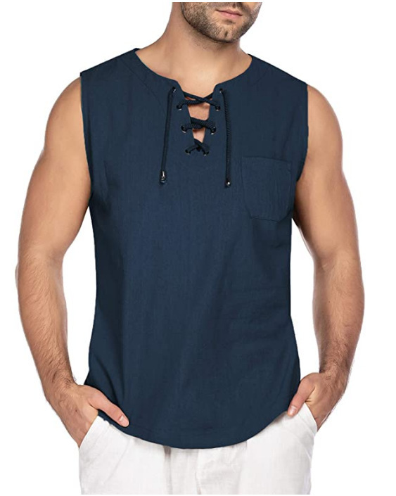 2023 European and American Cross-Border Amazon New Men's Sleeveless Shirt Lace-Up Fashion Navy Blue Cotton and Linen Short-Sleeved T-Shirt