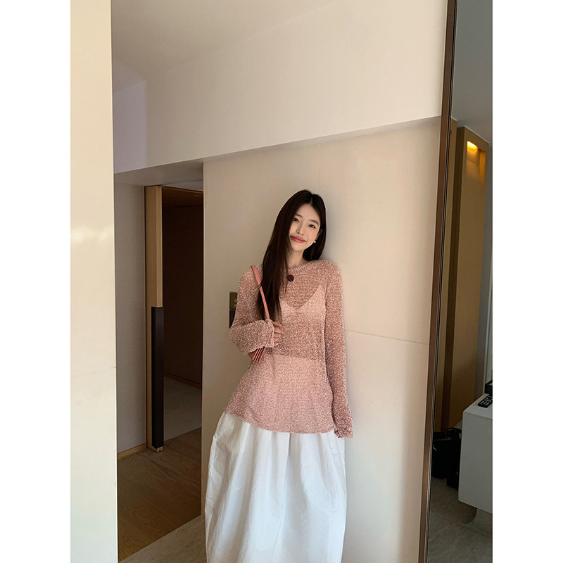 [Special Offer from Thirteen Rows, 40% off Non-Returnable] Hollow Out Blouse, Round Neck Loose Knitted Knitwear, Women's Thin Long-Sleeved Top