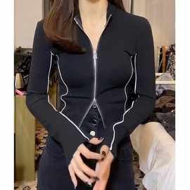 2022春秋季新款纯色双向拉链上衣T恤女修身外穿时尚长袖开衫上衣