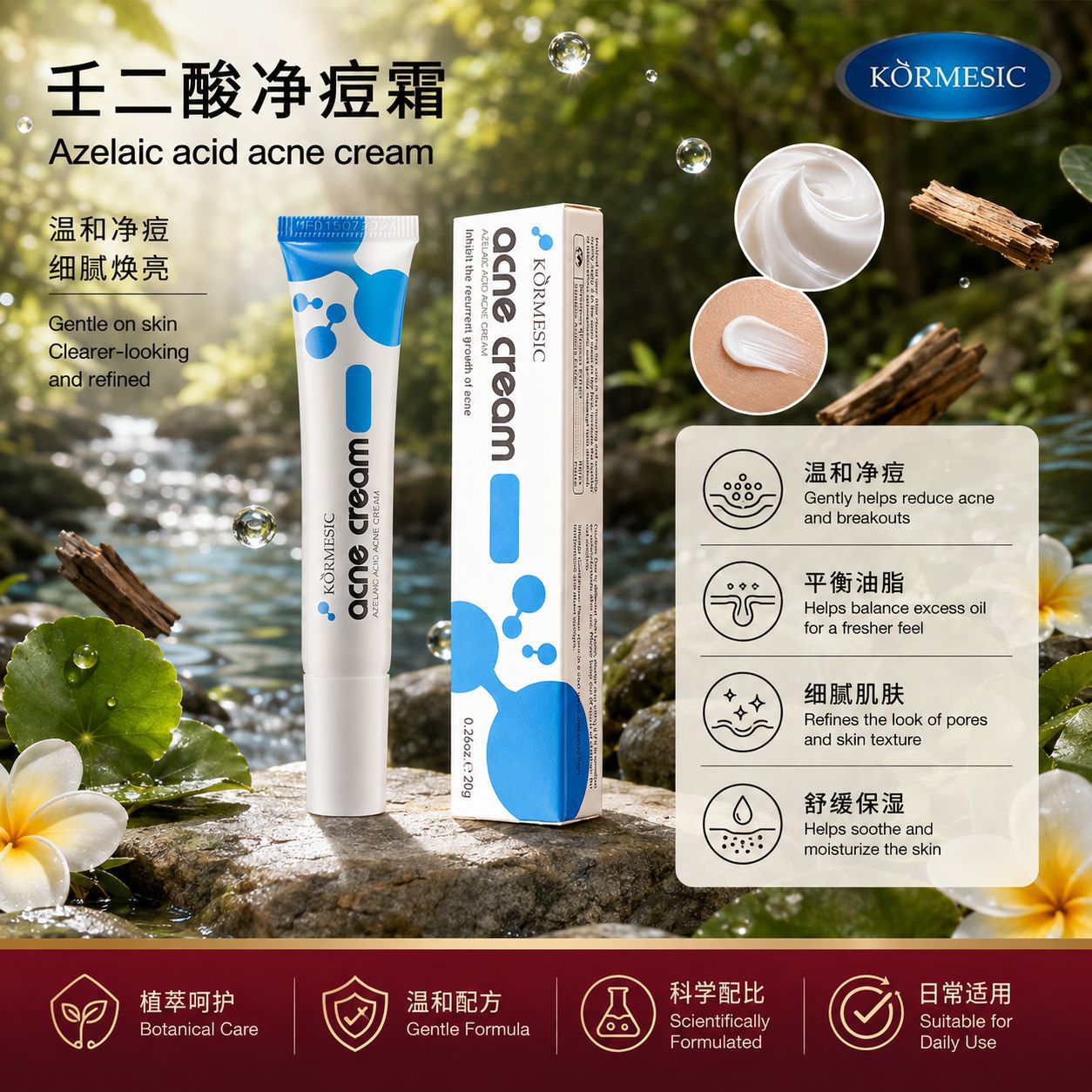 Crema Anti-Acné con Ácido Azelaico 20% Eliminación de Acné, Limpieza Facial para Cuidado Facial