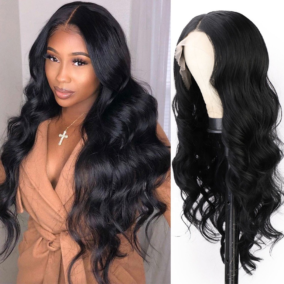 Peluca sintética larga ondulada negra para mujer con encaje frontal de 13x4 mm, estilo europeo americano, gorro de tamaño promedio, extensiones de cabello con ondas corporales._voghion.com
