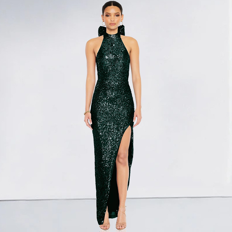 Cross-Border Women's Halterneck Backless Dress Spring and Autumn High-End Foreign Trade Sequined Big Bow Party Dress for Women