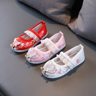 New Girls Embroidered Shoes Chinese Style Children's Hanfu Shoes Pearl Butterfly Antique Shoes Old Beijing Traditional Cloth Shoes