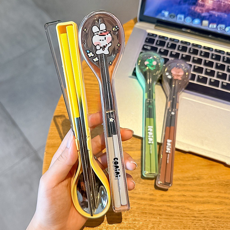 ステンレス箸とスプーンセット 小学生用テーブルスプーン 携帯用食器収納ボックス 1人1本箸 仕事用新スタイル|undefined