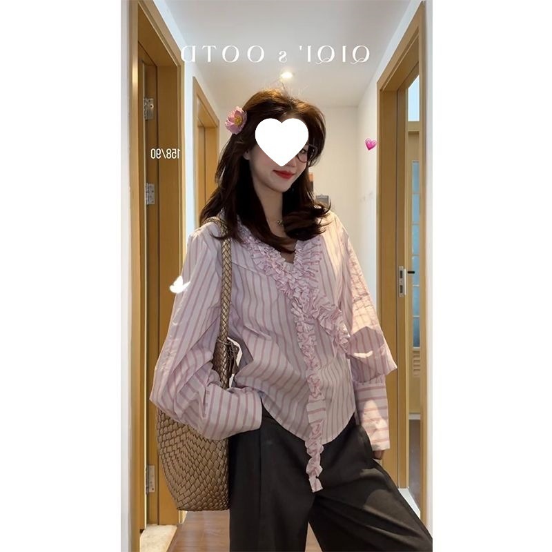 2025早春新款韩系减龄V领条纹长袖衬衫上衣女潮|undefined