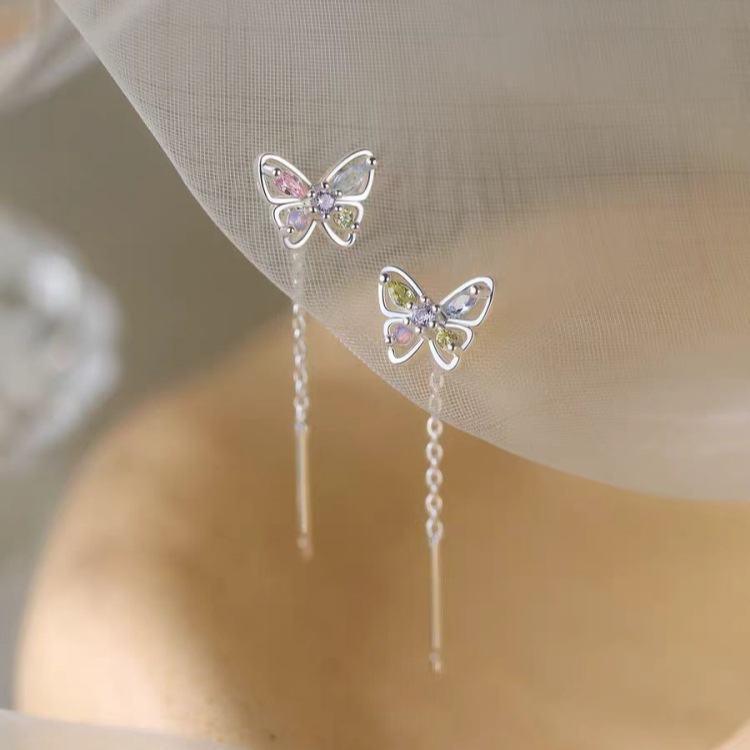 S925 Silver Needle Colorful Zircon Butterfly Ear Threader Earrings for Women 2026 New Model Light Luxury Niche Design High-End Earrings