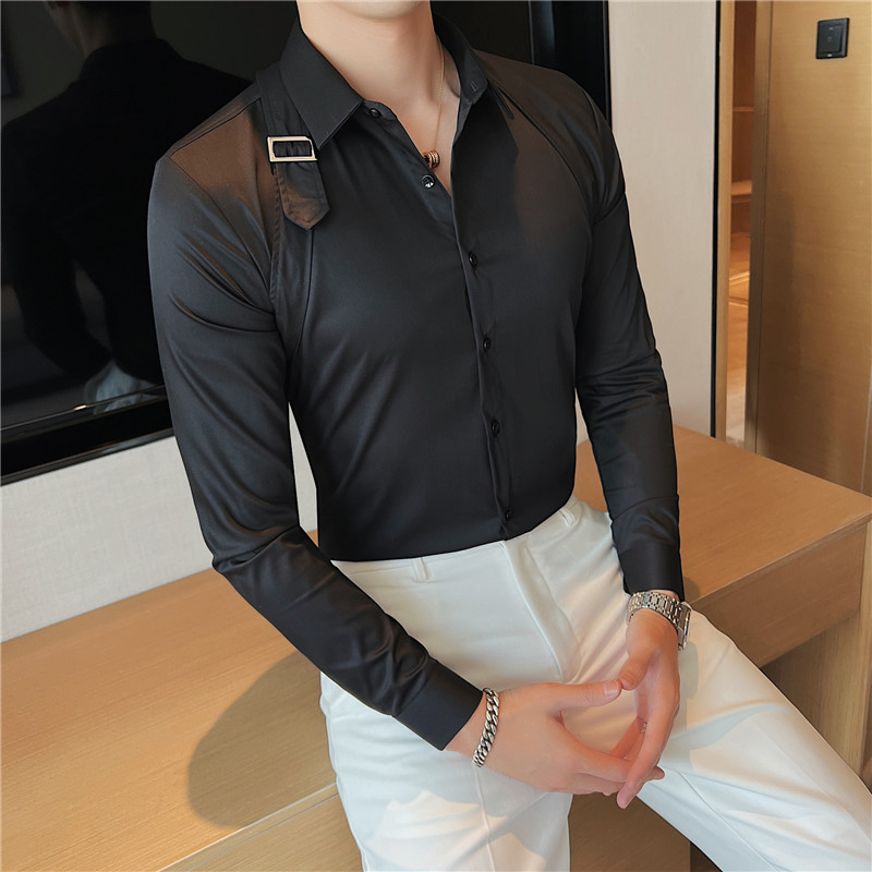 Nueva marca de moda de los hombres de la correa roja neta diseño decorativo manga larga camisa de manga larga de estilo occidental ruffle guapo camisa casual hombres