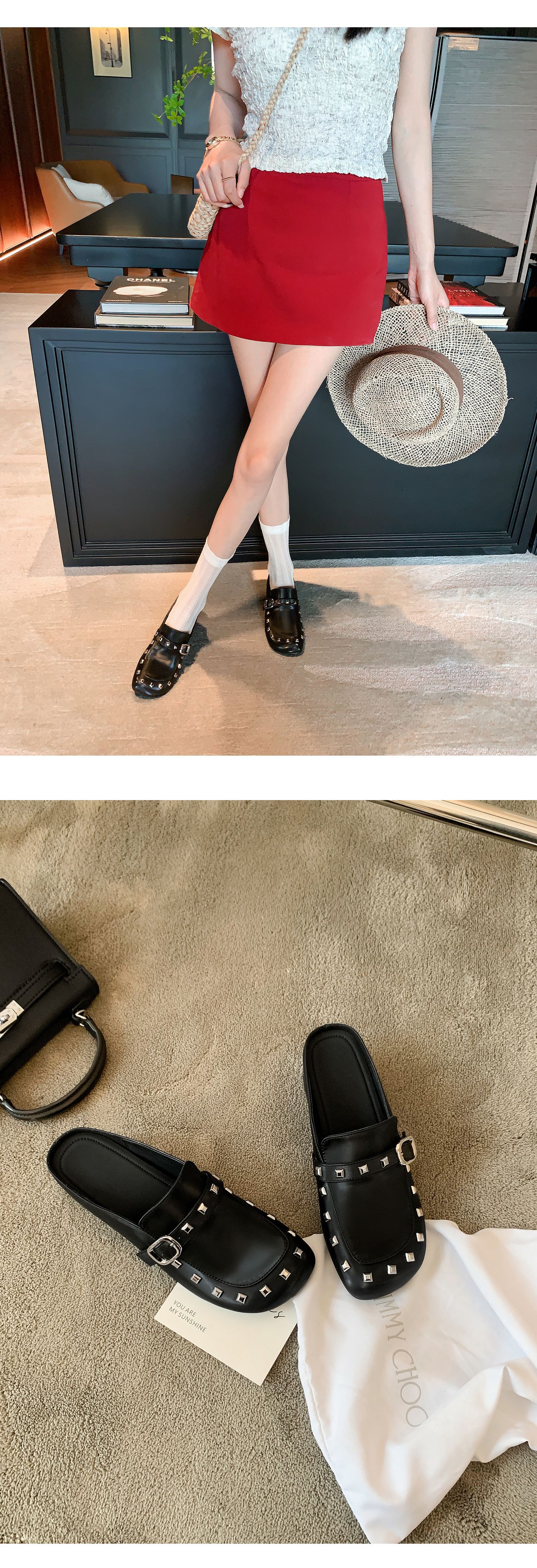 Mule nữ bít mũi đế tăng 4cm đinh tán – giày hè một bước xỏ — màu đen, màu hồng chi tiết 9