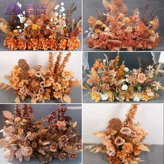 咖色婚庆地排花花艺花点盆花路引花婚礼背景布置角花布置仿真花