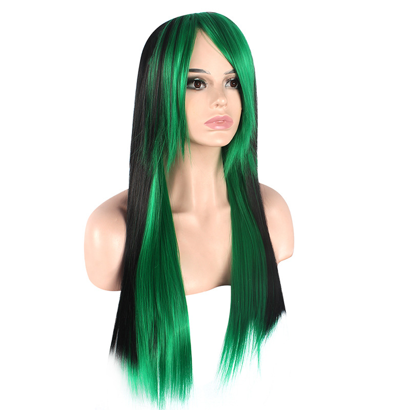 Synthetische Perücke, gefärbtes Haar, synthetische Faser, volle Abdeckung, gebleichter und gefärbter Pony, glattes Haar, Kopfbedeckung_voghion.com