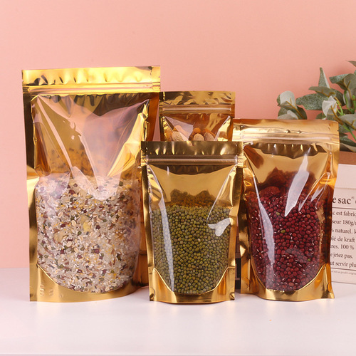 Golden aluminum foil bag self-standing self-sealing semi-transparent pull-top bag tea sealing plastic food packaging bag