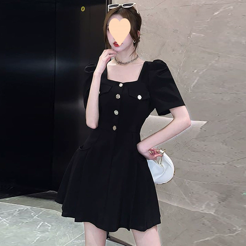 Уникальное и характерное платье в стиле Шанель с квадратным вырезом, пышными рукавами, короткой юбкой, летним элитным ощущением, плиссированной юбкой с высокой талией 6915.