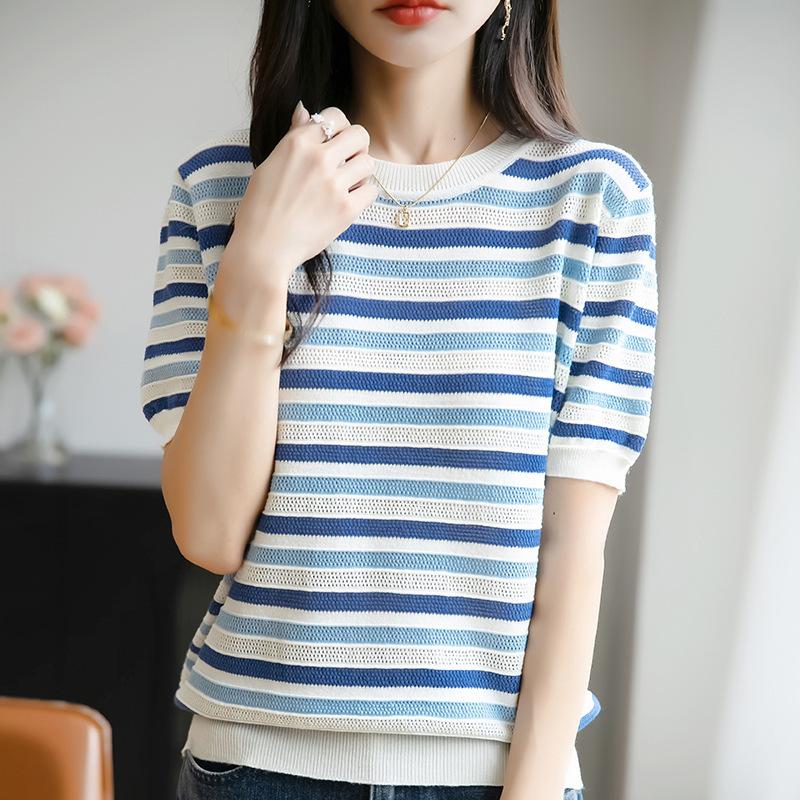Summer New Round Neck Knitwear Short-Sleeved Women's Tops Contrasting Stripes Versatile T-Shirts Fashionable Age-Reducing Bottoming Tops