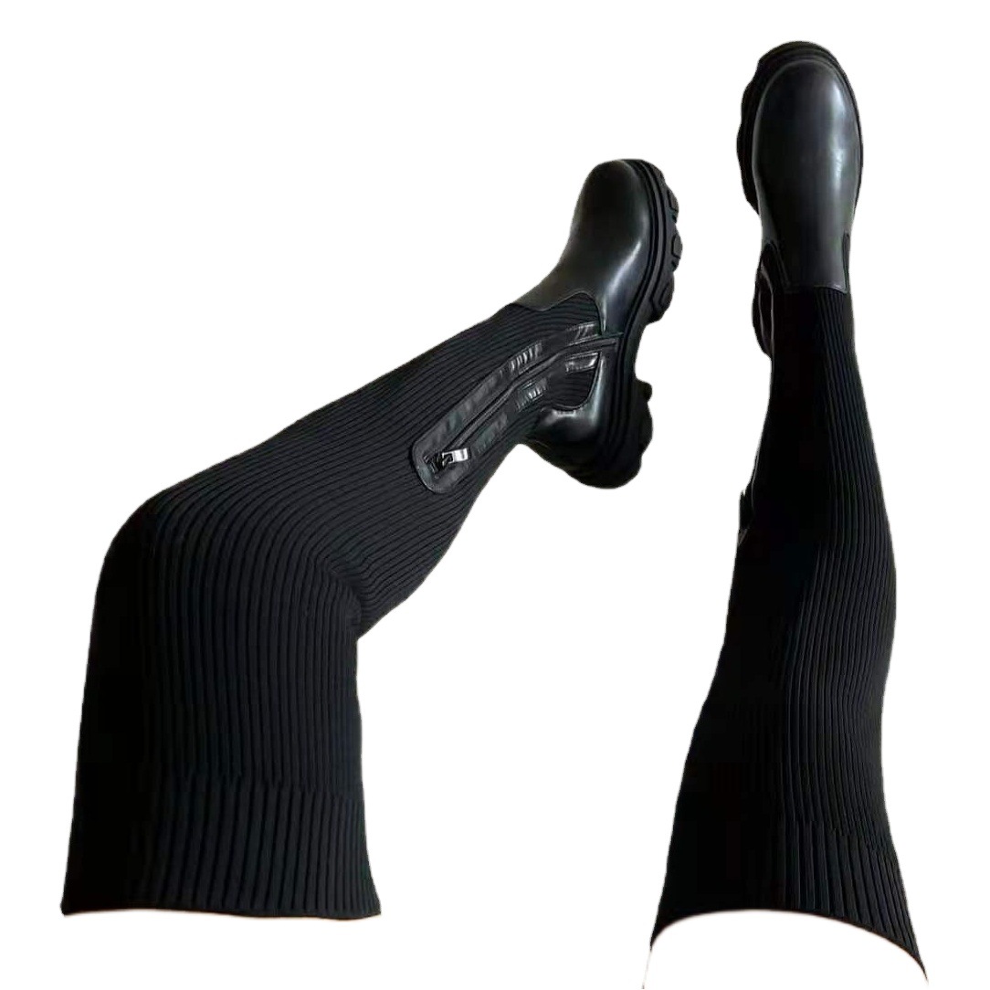 Otoño e Invierno de la plataforma de comercio exterior sobre la rodilla botas de lana tejida elástica transfronteriza de las mujeres botas altas de punta redonda transpirable zapatos de una sola capa Amazon