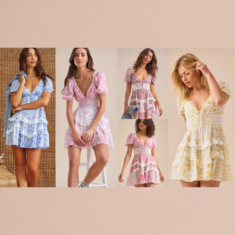 Spring and Summer 2025 New French Style Retro Blue and White Porcelain Floral Lace Stitching V-neck Waist Bubble Short Sleeve dress