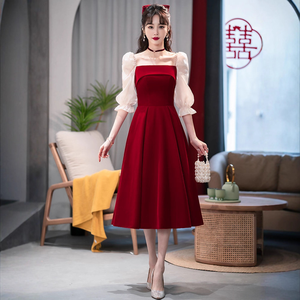 2025 Burgundy High-End Mini Dress, Summer Skirt, Toast Dress, Bride Can Usually Wear Engagement Dress