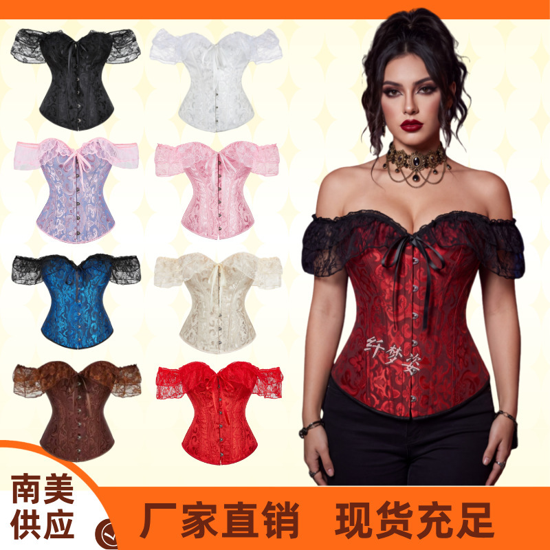 European and American cross-border jacquard corset, fitted bodice with fishbone support, court-style retro one-shoulder lace top with ruffled trim