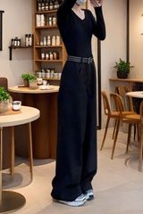 春季新黑色高腰宽松大裤脚工装阔腿休闲直筒裤子女时尚设计感长裤