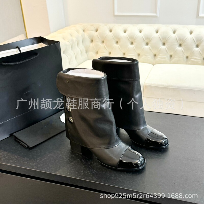 高端2025秋冬小香风真皮圆头拼色粗跟高跟中筒骑士靴裤管靴时装靴|undefined