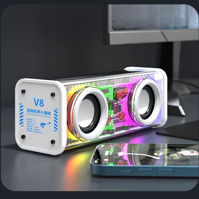 V8 透明メカ Bluetooth スピーカーデュアルスピーカーデスクトップ小型鋼砲オーディオサブウーファートレンディなワイヤレス Bluetooth スピーカー|undefined