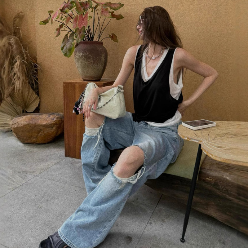 Designed Fake Two-Piece Sleeveless Vest Top for Women Summer American Hot Girl Ripped Loose Jeans Two-Piece Set