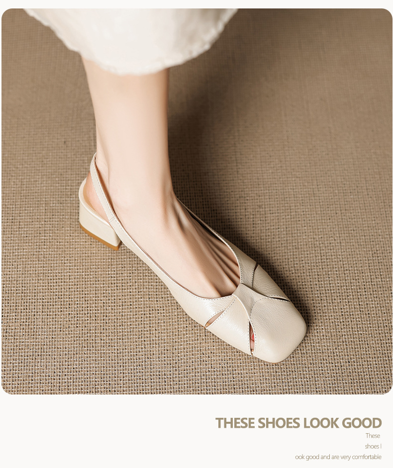 Sandal nữ mũi vuông da cừu hở mũi gót vừa dày — đen chi tiết 8