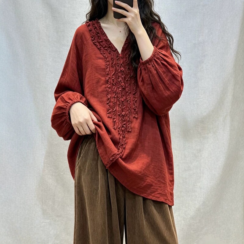 Double Yarn Lace Shirt for Women, 2026 Autumn New Arrival Top, Vintage Loose V-Neck Plus Size Solid Color Cardigan Shirt Double Yarn Lace Shirt for Women, 2026 Autumn New Arrival Top, Vintage Loose V-Neck Plus Size Solid Color Cardigan Shirt