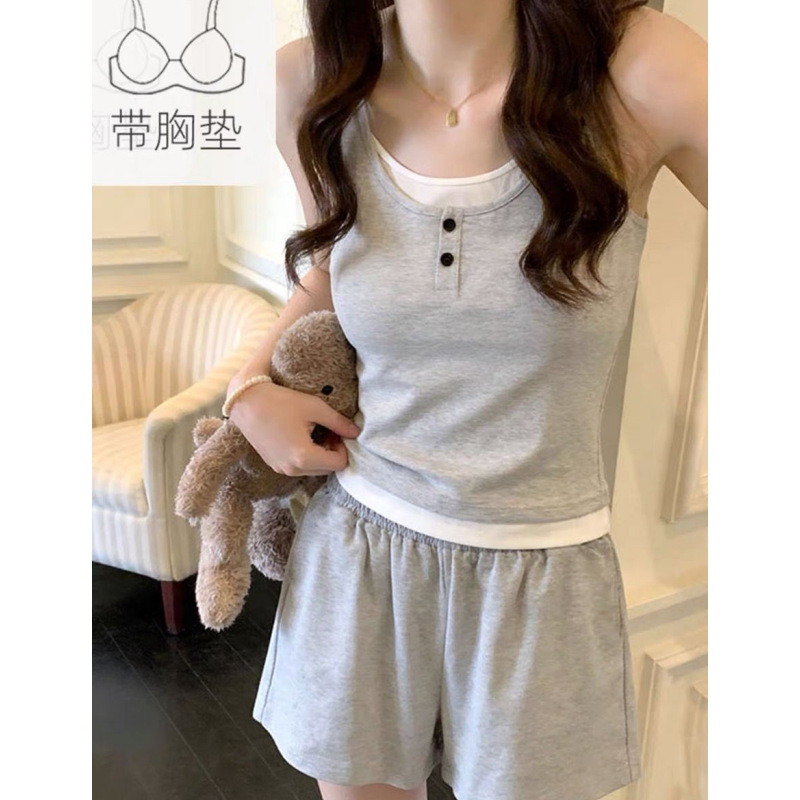 Pajamas with Breast Pads, Pure Desire Style, Women's Summer Vest Shorts, Round Neck, Pure Gray, Large Size Home Wear Set, Can Be Worn Outside Pajamas with Breast Pads, Pure Desire Style, Women's Summer Vest Shorts, Round Neck, Pure Gray, Large Size Home Wear Set, Can Be Worn Outside