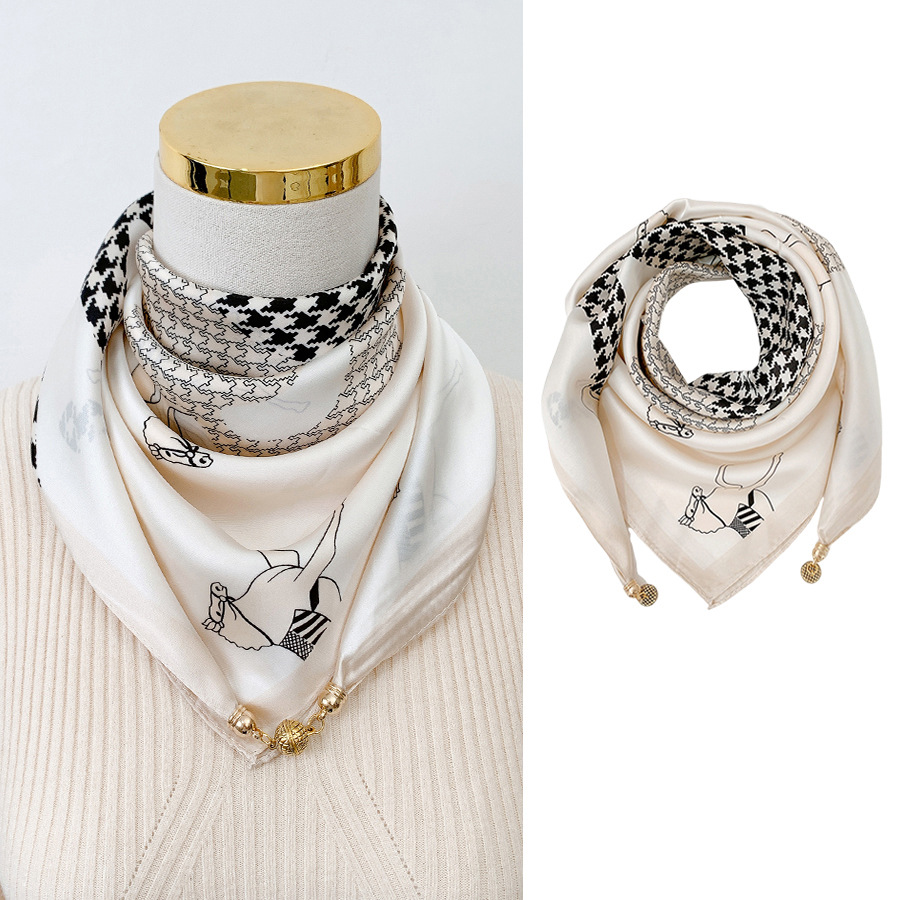 밀키 살구색 - 고급 체크 무늬 말 컷아웃 (65 모조 실크 자석 버클 스퀘어 스카프)