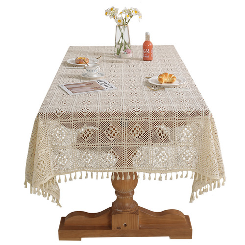 American retro crochet tablecloth woven hollow tablecloth non-slip cover tablecloth beige hollow cloth placemat