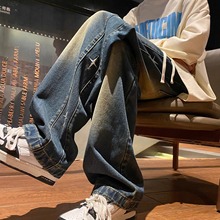 水洗刺绣牛仔裤男直筒宽松阔腿美式高街裤子潮牌痞帅复古抽绳长裤