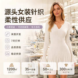 源头工厂定制批发秋冬新款欧美简约竖坑条V领收腰长袖针织连衣裙