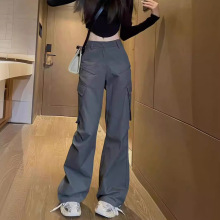 深灰色美式甜酷高腰直筒工装裤女2024新款设计感显瘦休闲裤