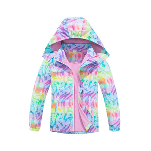 Girls Autumn and Winter New Hatless Zipper Shirt Rainbow Gradient 3D Digital Printing Outdoor Waterproof Breathable Warm Coat