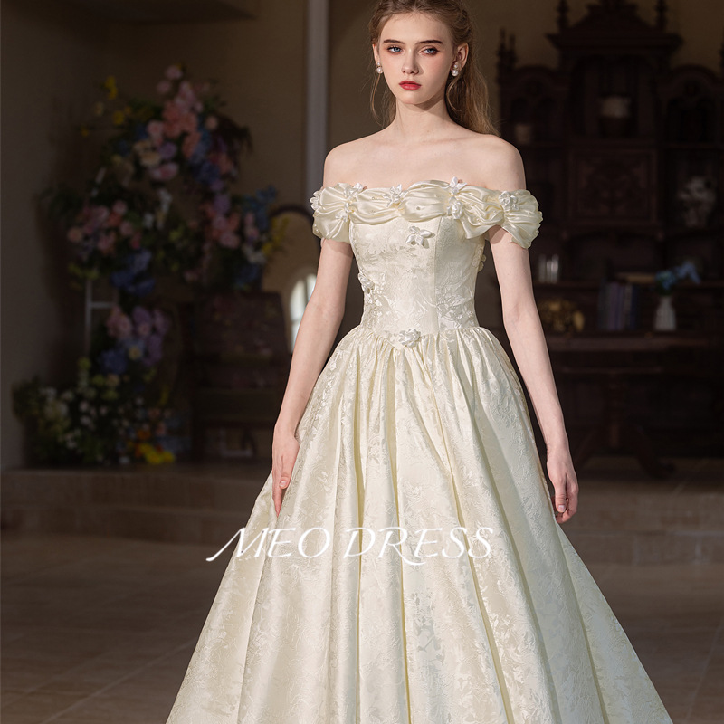Off-the-shoulder Bridal Wedding Engagement Hepburn-style High-end Printed Satin Fairy-like French White Evening Dress_voghion.com