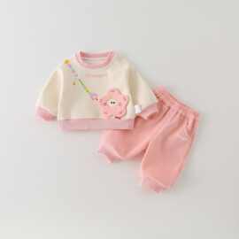 女宝宝秋季新款超萌哈衣新款婴幼儿粉色两件套外出抱服可爱休闲服